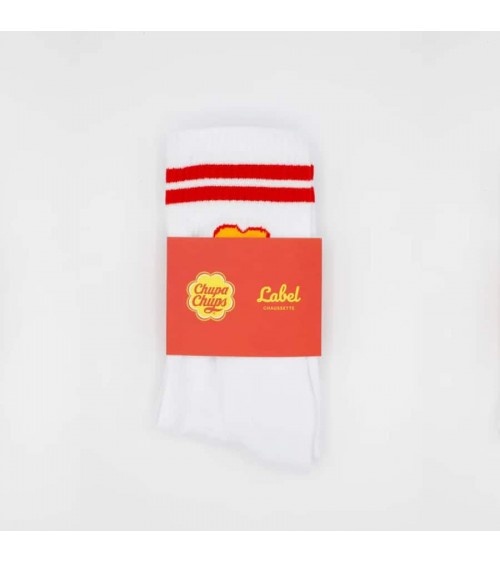 Chupa Chups - White sports socks with red stripes Label Chaussette funny crazy cute cool best pop socks for women men