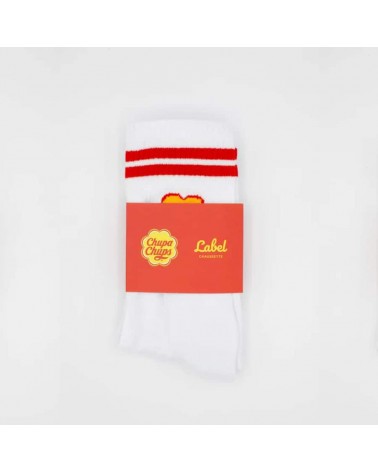 Chupa Chups - White sports socks with red stripes Label Chaussette funny crazy cute cool best pop socks for women men
