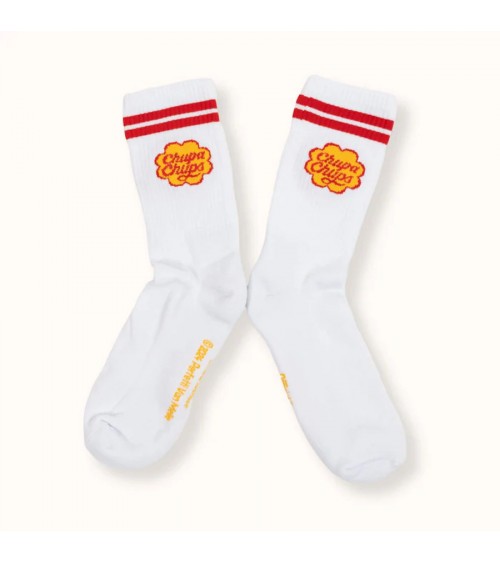 Chupa Chups - White sports socks with red stripes Label Chaussette funny crazy cute cool best pop socks for women men