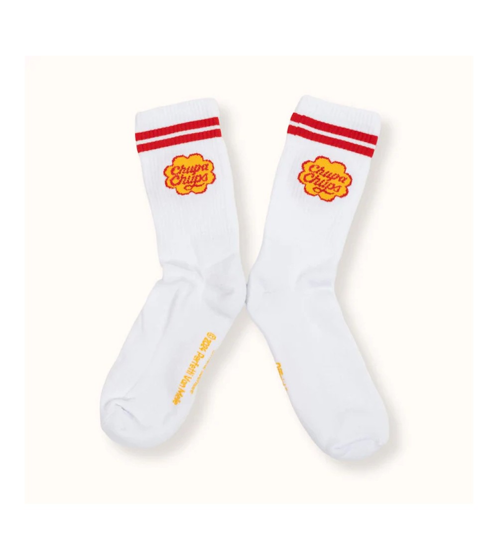 Chupa Chups - White sports socks with red stripes Label Chaussette funny crazy cute cool best pop socks for women men