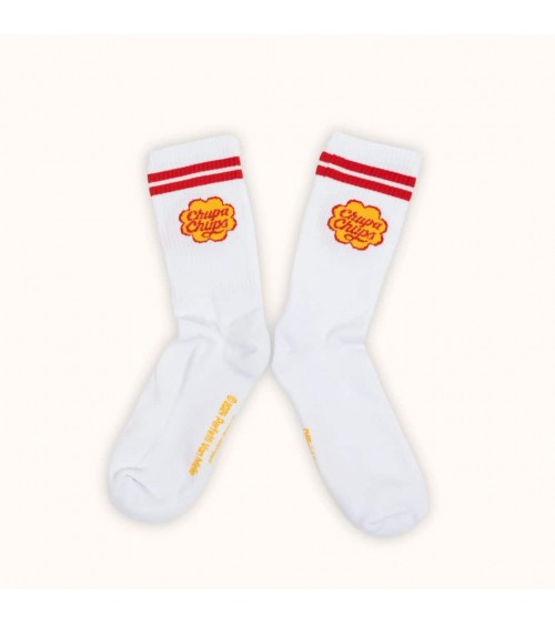 Chupa Chups - White sports socks with red stripes Label Chaussette funny crazy cute cool best pop socks for women men