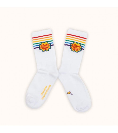Chupa Chups - Calze sportive bianche a righe arcobaleno Label Chaussette calze da uomo per donna divertenti simpatici partico...