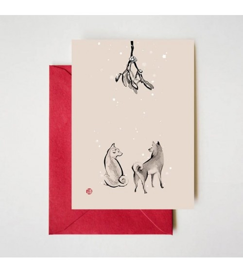 Biglietto d'auguri - Shiba Inu sotto il vischio Rice&Ink spiritoso auguri buon compleanno matrimonio di nascita bimbo di natale